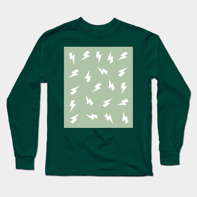 Sage Green and White Lightning, Thunder, Bolts Pattern Long Sleeve T-Shirt by OneThreeSix